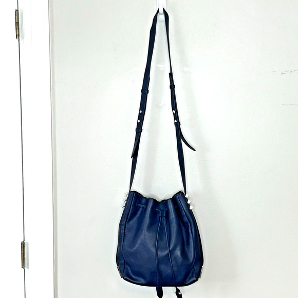Luana Italy Leather Bucket Hobo Bag Navy Blue Leather Silver Tone Hardware New - Picture 4 of 13